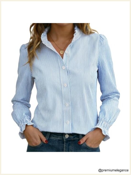 Tops - Striped Long Sleeve Button Down Blouse with Ruffle Collar Smocked Cuffs